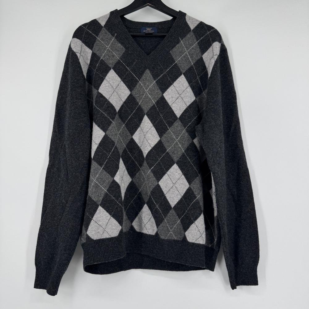 Brooks Brothers 346 Mens Large Gray Argyle Scottish Lambswool V-Neck Sweater